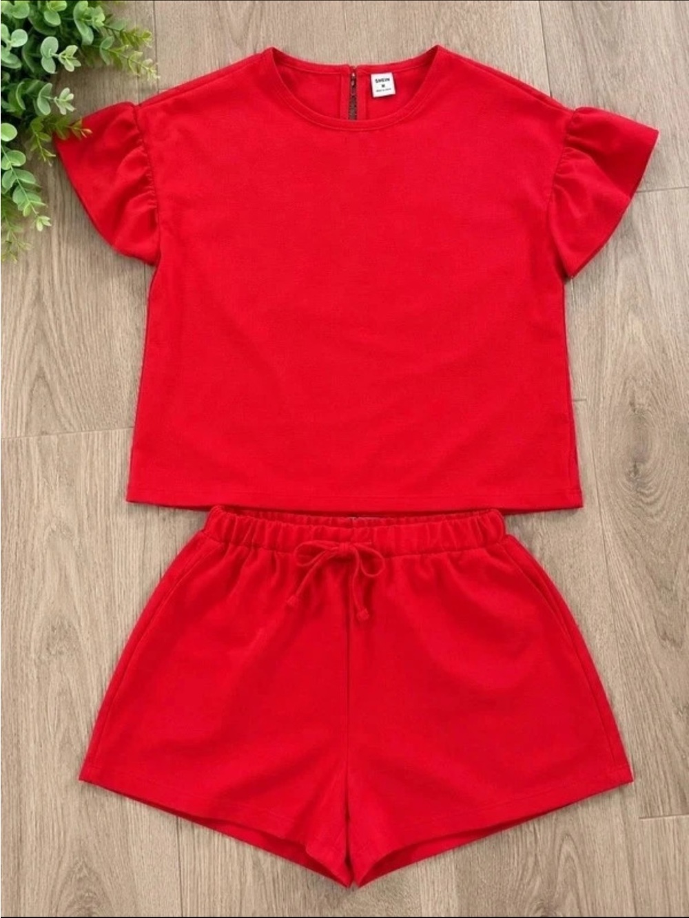 SHEIN Red Girls Short Sleeve Top & Elastic Waist Shorts Set